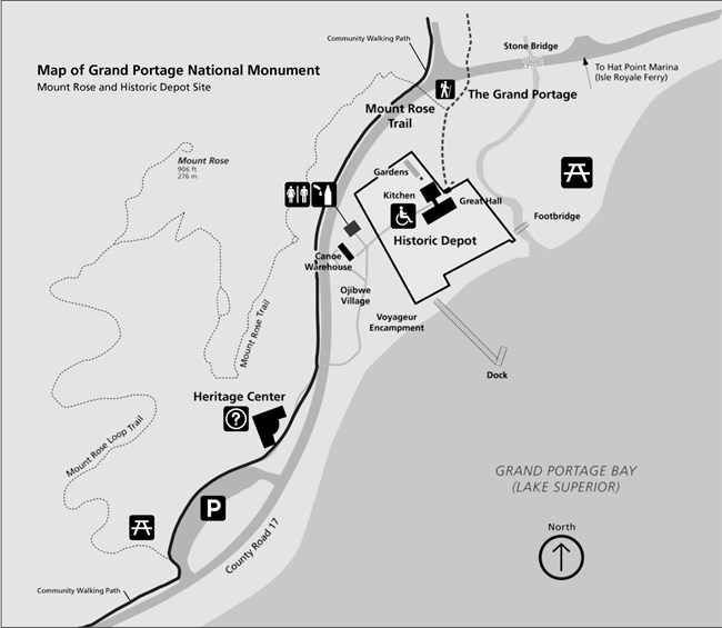 Map of Grand Portage National Monument site and Mount Rose trail as described in the text.