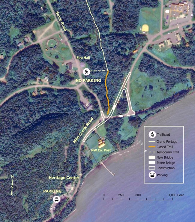 A map showing a temporary trailhead for the Grand Portage Trail. Additional alternative text below.