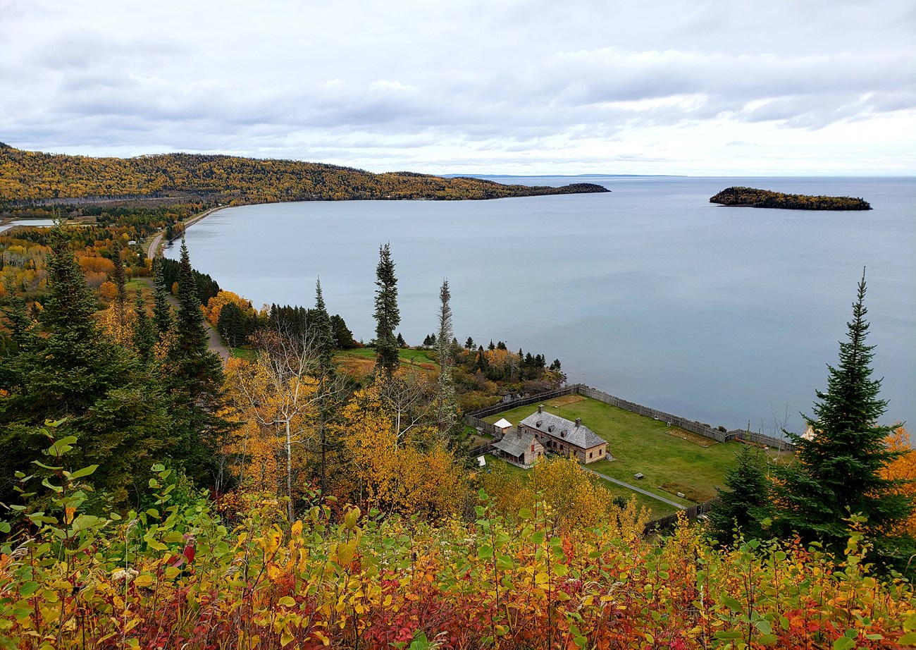 View of a bay and buildings from above.