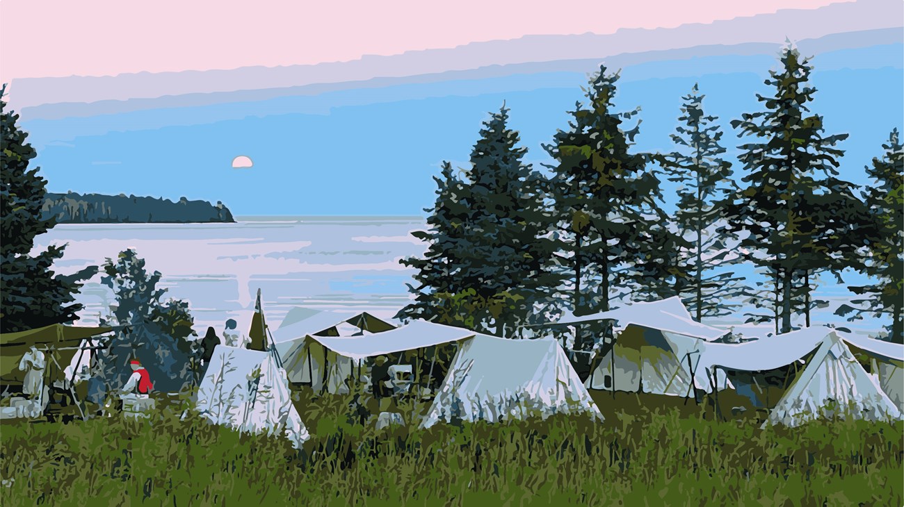 Color graphic of white canvas tents in the grass in front of a moonrise over a bay.