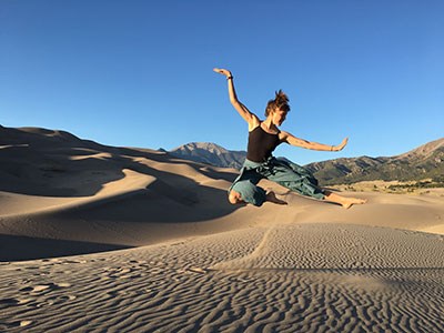 Erica Prather doing a northern leopard frog jump on the dunes, October 2019