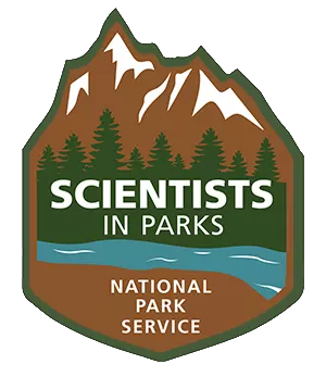 Scientists In Parks Logo with confier trees, mountains and text Scientists In Parks, National Park Service