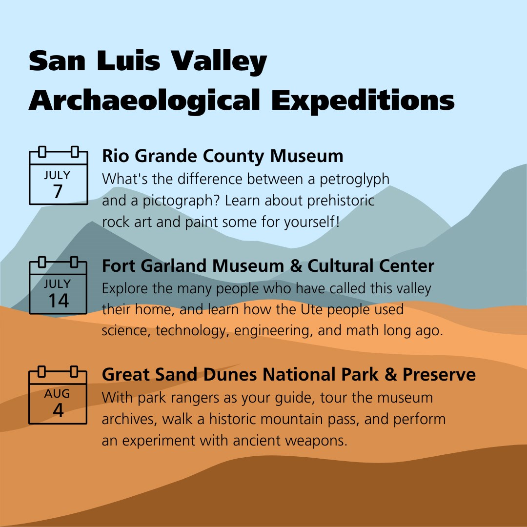 A graphic image of dunes and mountains with text describing the three expeditions. The text is listed on this page.