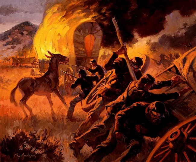 Painting depicting the burning of the Confederate wagon supply train