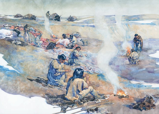 An illustration showing Folsom-era men and women processing prehistoric bison after a major hunt