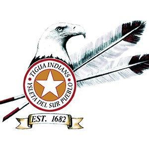 Ysleta del Sur Pueblo Tribal Seal depicting a bald eagle, feathers, and a circle that says 'Tigua Indians - Ysleta del Sur Pueblo Est. 1682'