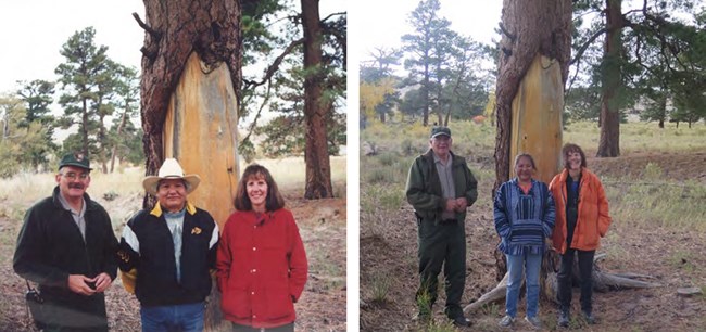 In the 1996 photo at left, Alden Naranjo stands with a park ranger and archeologist in front of a modified tree; the same photo was repeated in 2016 with Alden's daughter Cassandra