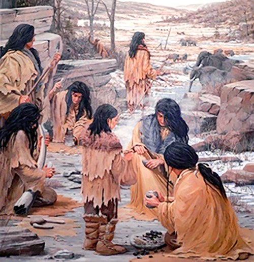 Clovis-era people prepare to hunt approaching mammoth in a wintery landscape. Some are processing hide, a tusk, and other elements from a previous hunt.