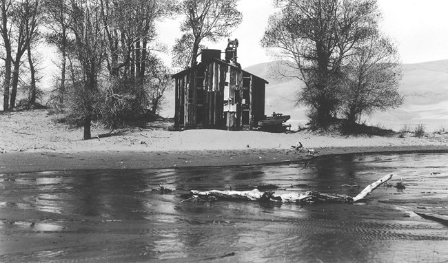 Historic photo of a small shack in trees on sand by the edge of a shallow creek