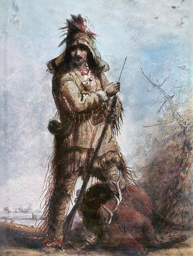 A watercolor illustration of a mountain man depicting a white man in buckskin clothing with fringes and a feathered cap. He leans on a rifle.