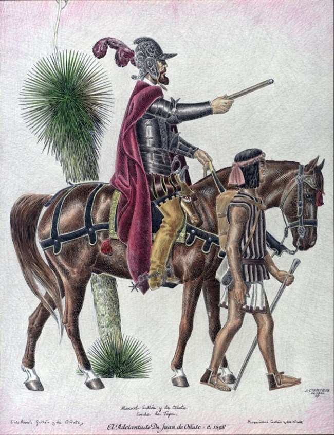 A bearded Spanish man in armor and helmet rides on a horse led by a walking native man. Onate points forward with his sword.