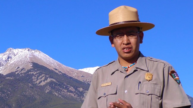Park Ranger Ravis Henry in Front of Blanca Peak (Sisnaajini)