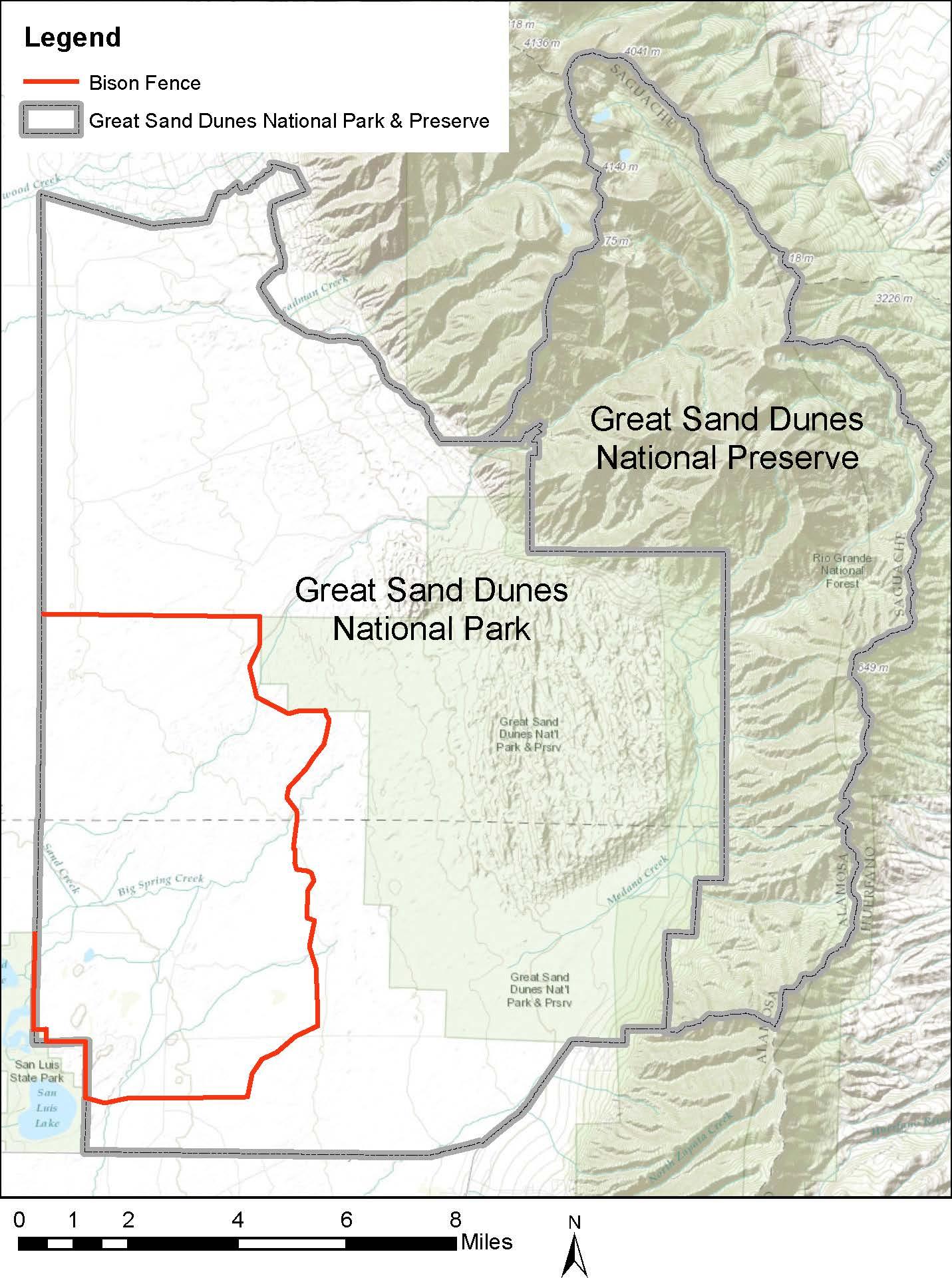 Map with red boundary line in western side of Great Sand Dunes National Park that is labeled Bison Fence