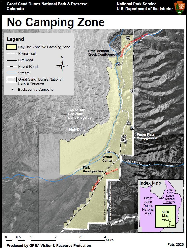 No camp[ing Zone Map outlinine day use only areas in yellow in the park around the main dunes and entrance areas.