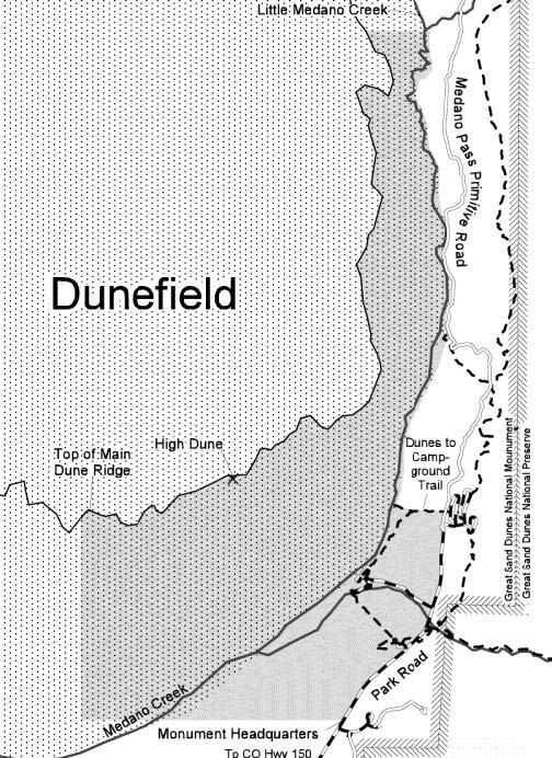 Black and White map of Dune field camping zone with top of main dune line ridge and shaded area representing day use zone.