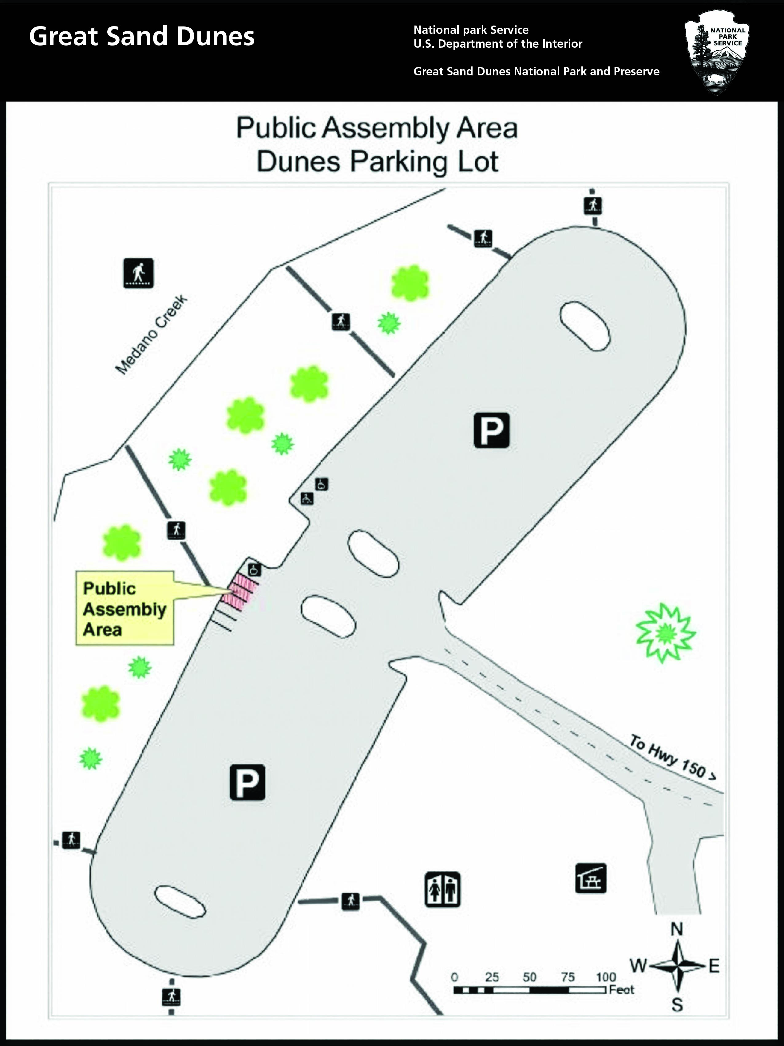 Map fo Public Assembly Area Dunes Parking Lot, showing call out box in central west area of the elliptical shaped parking as the Public Assembly Area