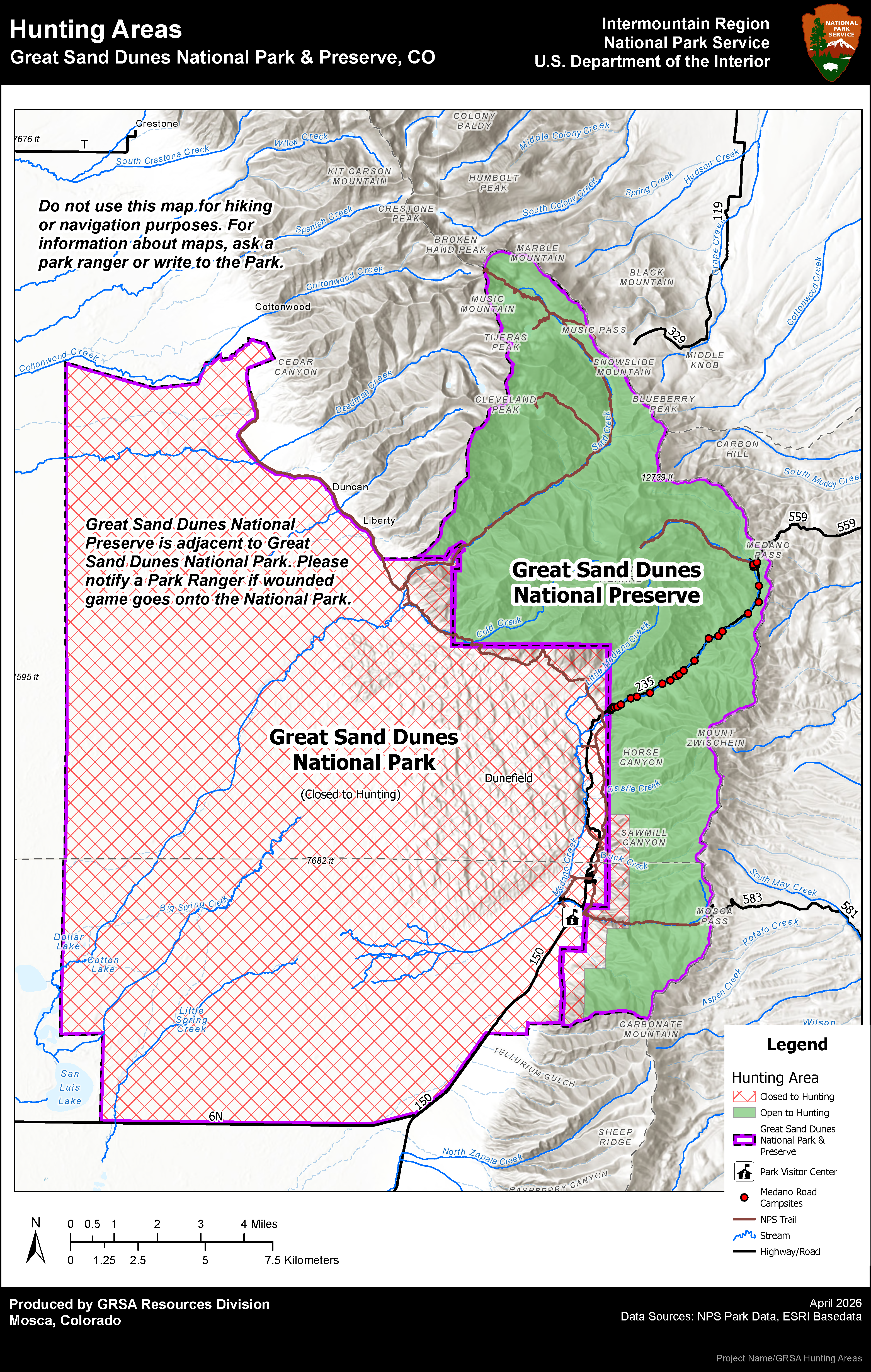 Huntion Areas Map for Great Sand Dunes with red cross hatch in park, and green in Preserve with buffer zone along Park Road in the south