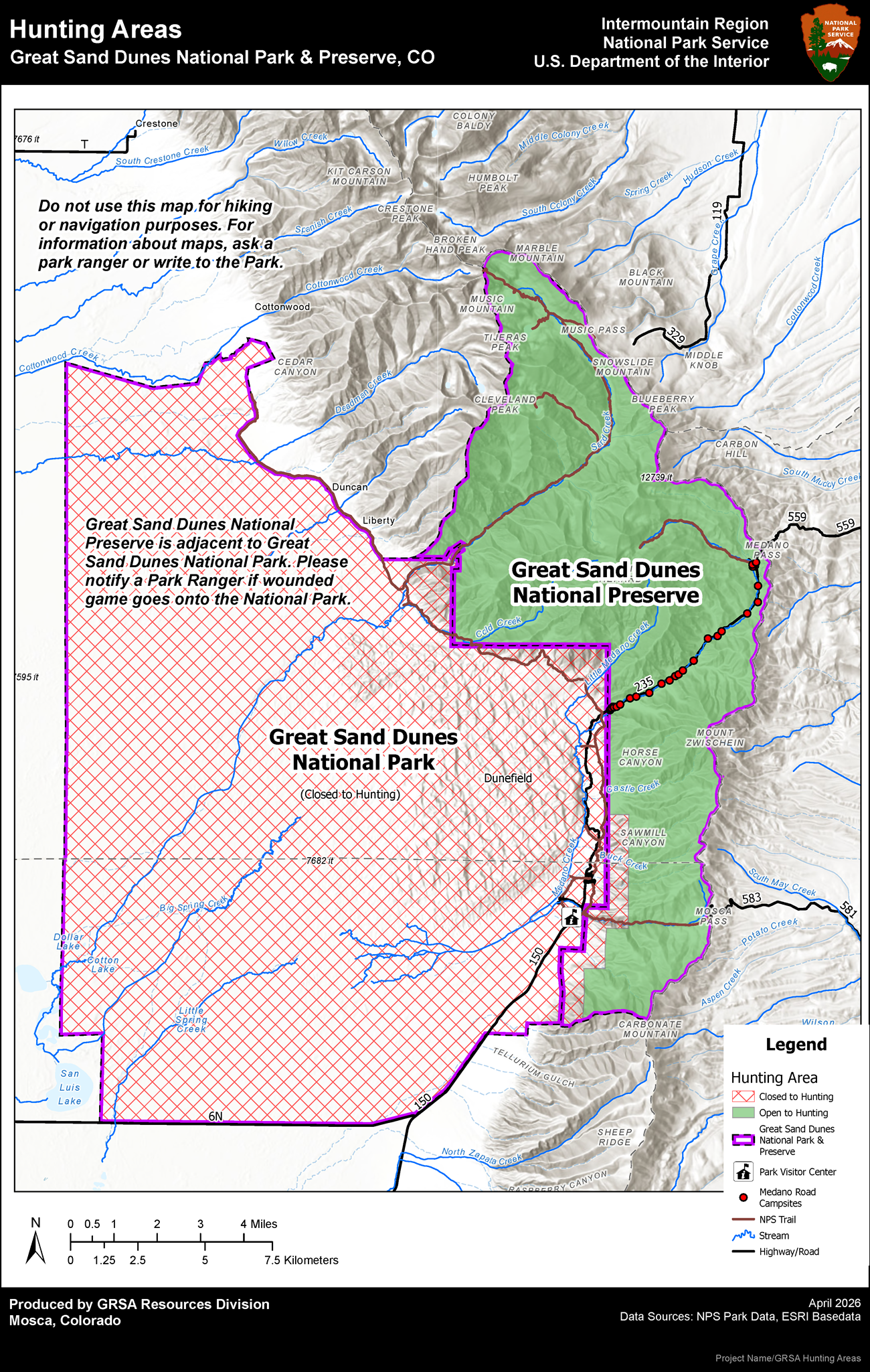 Hunting Areas Map for Great Sand Dunes with red cross hatch in park, and green in Preserve with buffer zone along Park Road in the south