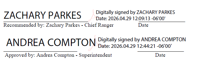 Digital Signatures from Chief Ranger Zachary Parkes, and Park Superintendent Andrea Compton