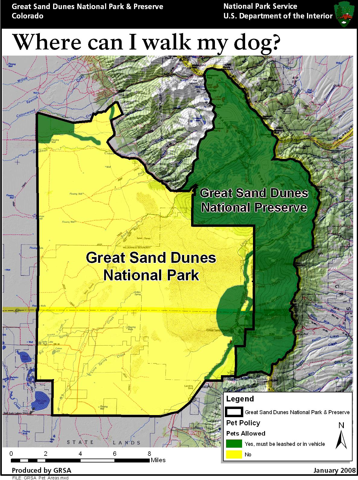 Map of Great Sand Dunes National park and National Preserve, showing large yellow area in park where pets are not allowed, and green areas in Preserve, and day use areas around main dunes where they are allowed