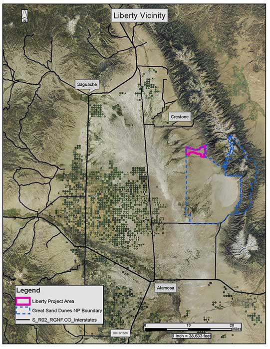 Liberty Burn Location Map A map of the San Luis Valley showing the location of the planned burn on the north side of the national park