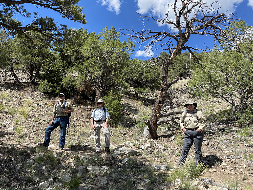 Three Conservation Legacy Interns 2021 Three Conservation Legacy Interns from the 2021 season stand in their uniforms on a trail in the forested foothills of the Sangre de Cristo Mountains.
