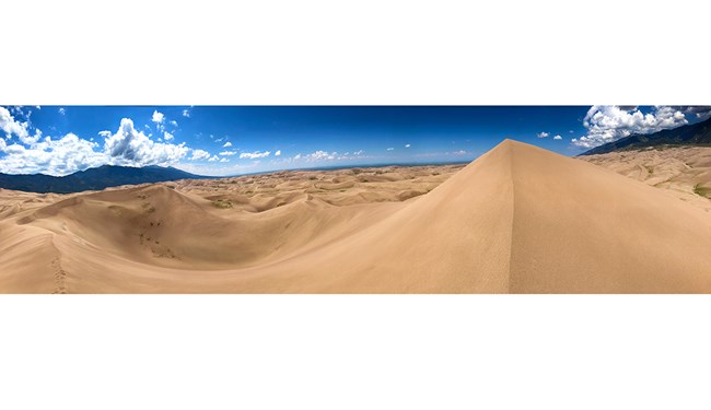 A panoramic view of a dunefield with mountains in the background
