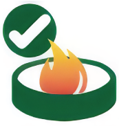 graphic of a campfire in a green steel fire ring with a green checkmark