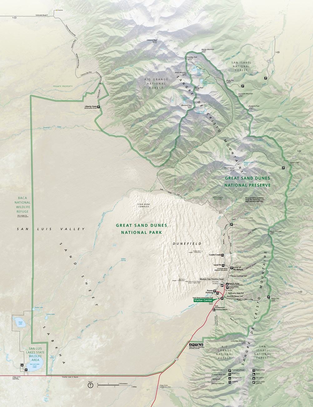 GRSA Official Park Map 2023 showing the dunefield surrounded by grasslands on the left and mountains on the right