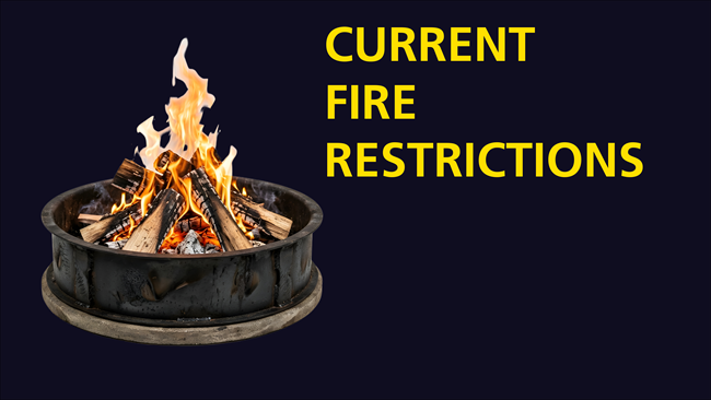 image of a camp fire in a metal fire ring with yellow text reading 'Current Fire Restrictions'