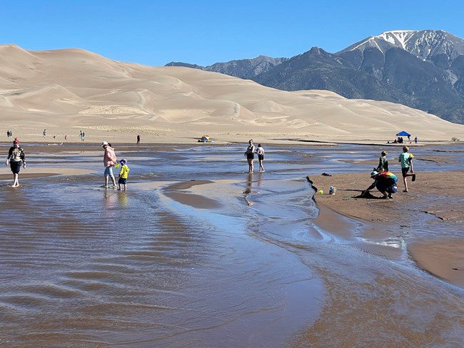 A wide shallow creek with visitors playing and walking in it. In the background are dunes and a snow capped mountain.