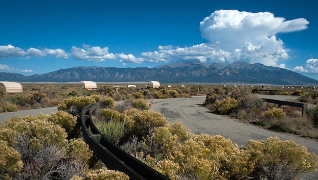 A road passes through the San Luis Wildlife Area's picnic tables.