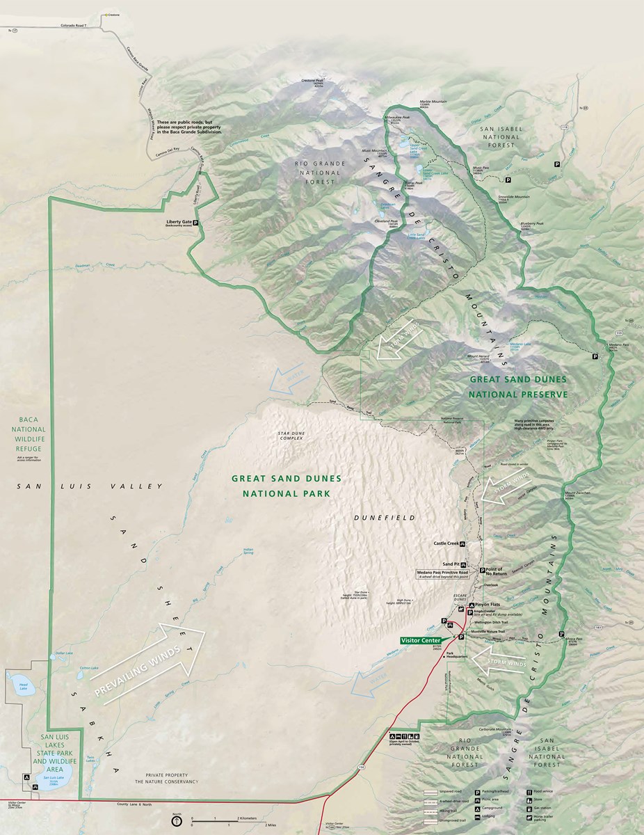 Map showing grasslands, dunes, and mountains