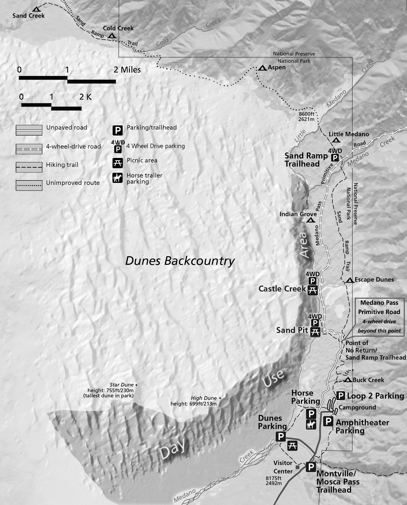 Black and white map showing dunes and forest locations for backpacking
