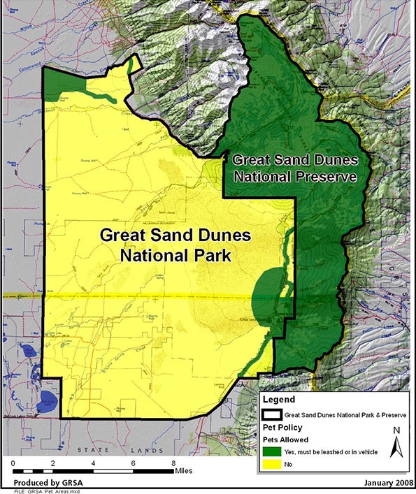 Great Sand Dunes Pet Map - Overview. The yellow areas indicate where pets are not permitted, while the green areas indicate where pets are allowed on leash.