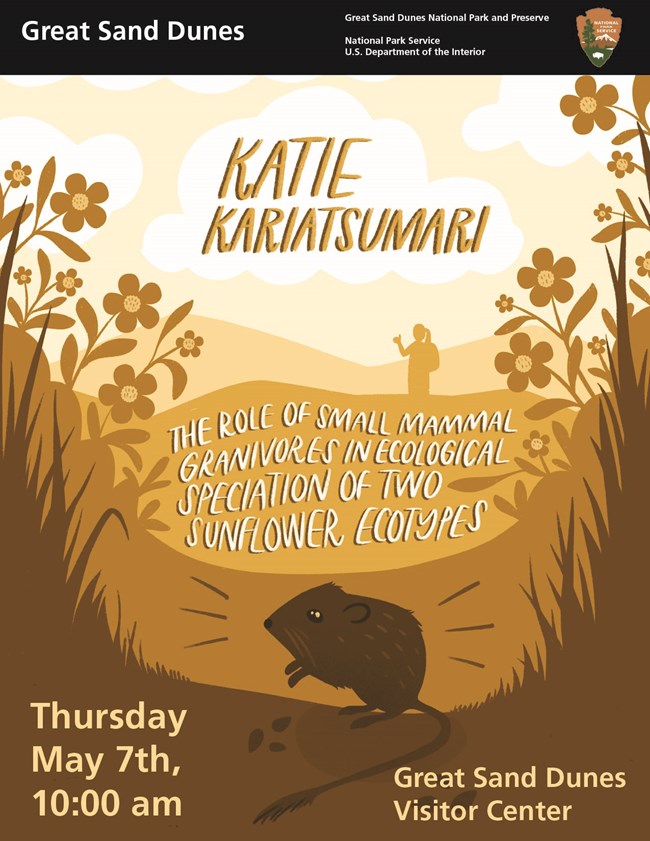 illustration of flowers, grasses and kangaroo Rat with text "Katie Karitsumari, The role of Small Mammal Granivores in Ecological Speciation of Two Sunflower Ecotypes Thursday May 7th, 10 am, Great Sand Dunes Visitor Center