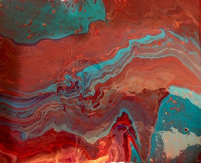 Abstract painting in turquoise and red colors