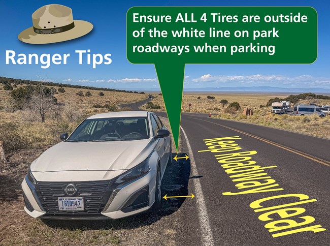 A white car is parked on a park road with arrows pointing to the white line. Text on Screen says park outside of white lines