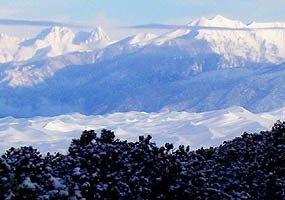 Fresh snow on dunefield and Sangre de Cristo Mountains