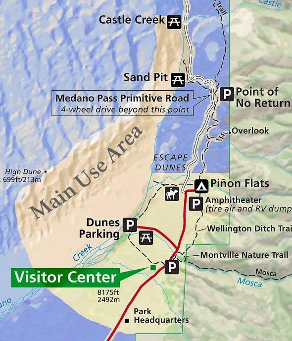 Map of the main front country area of Great Sand Dunes National Park with blue shading to indicate where pets are not permitted