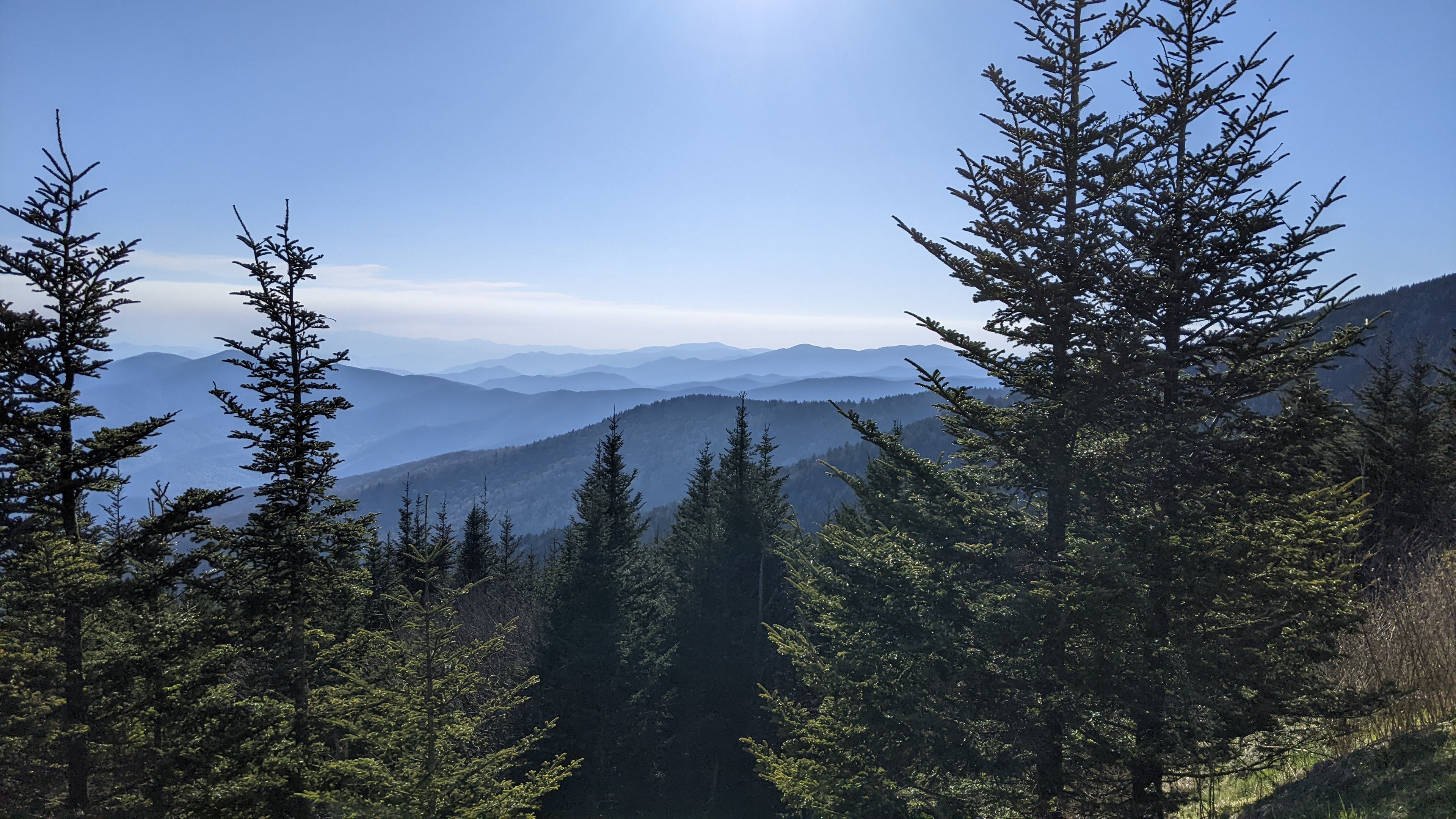 Smooth, rolling mountains in the distance with green trees in the foreground.