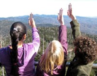 Students use anemometers to measure the wind from a mountain top view point.