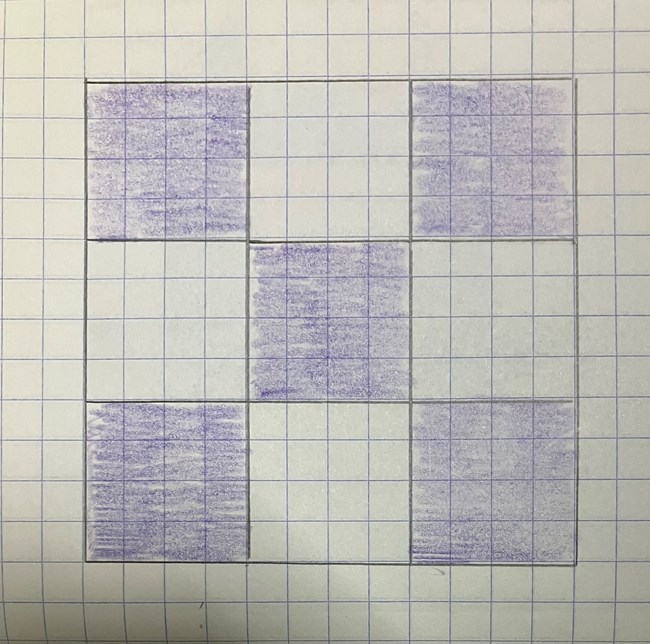 Nine Patch Block drawing purple and white square in grid pattern.