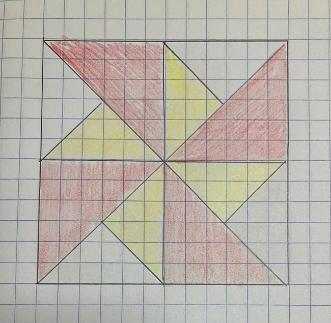 Double Pinwheel drawing on gridded paper, orange and yellow.