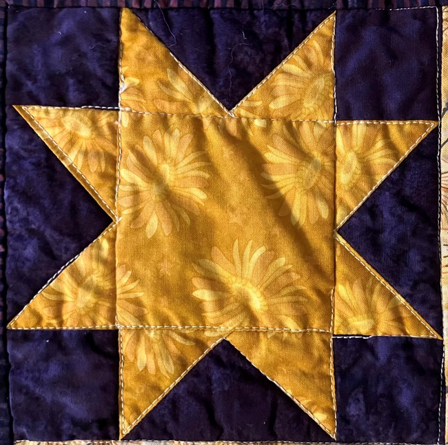 A quilt block that is purple with a yellow star on it.