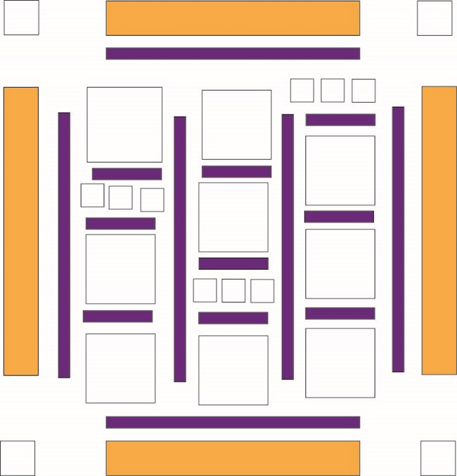 A lay out of boxes in a rectangulr design on a white background.