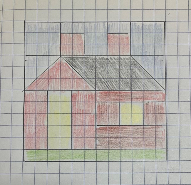 A drawing of a quilt block in the shape of a house on gridded paper.