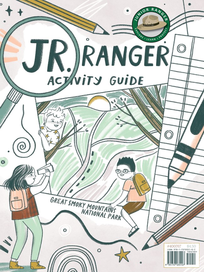 Booklet cover with the title, "Jr. Ranger Activity Guide" and drawings of kids exploring, wearing backpacks, and using binoculars. Pencils and artistic lines surround the kids and scenery.