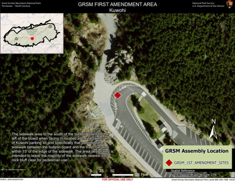 Kuwohi 1st Amendment Area map. Red diamond in white square on sidewalk south of bulletin board at far (west) end of parking lot, between bulletin board and trash can, within 15’ of sidewalk edge. Inset park map in corner. Scale: 1.75 in = 120 ft