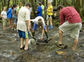 A volunteer group collects water mites with Dr. Andrea Radwell.